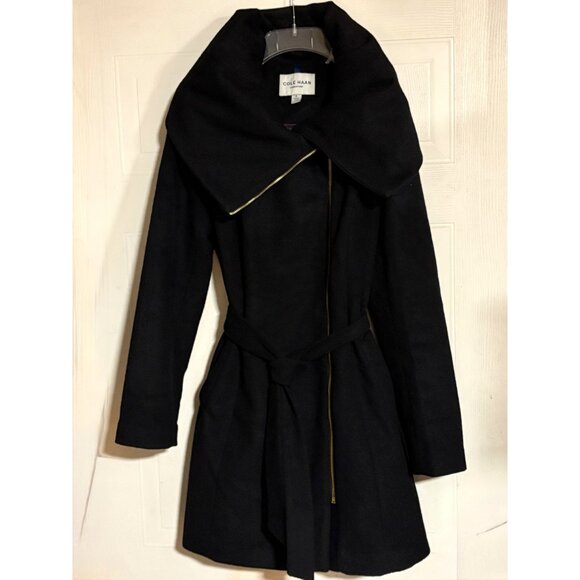 Cole Haan Signature Womens Asymmetrical Belted Full Zip Wool Coat Size 8 Black - Picture 16 of 16